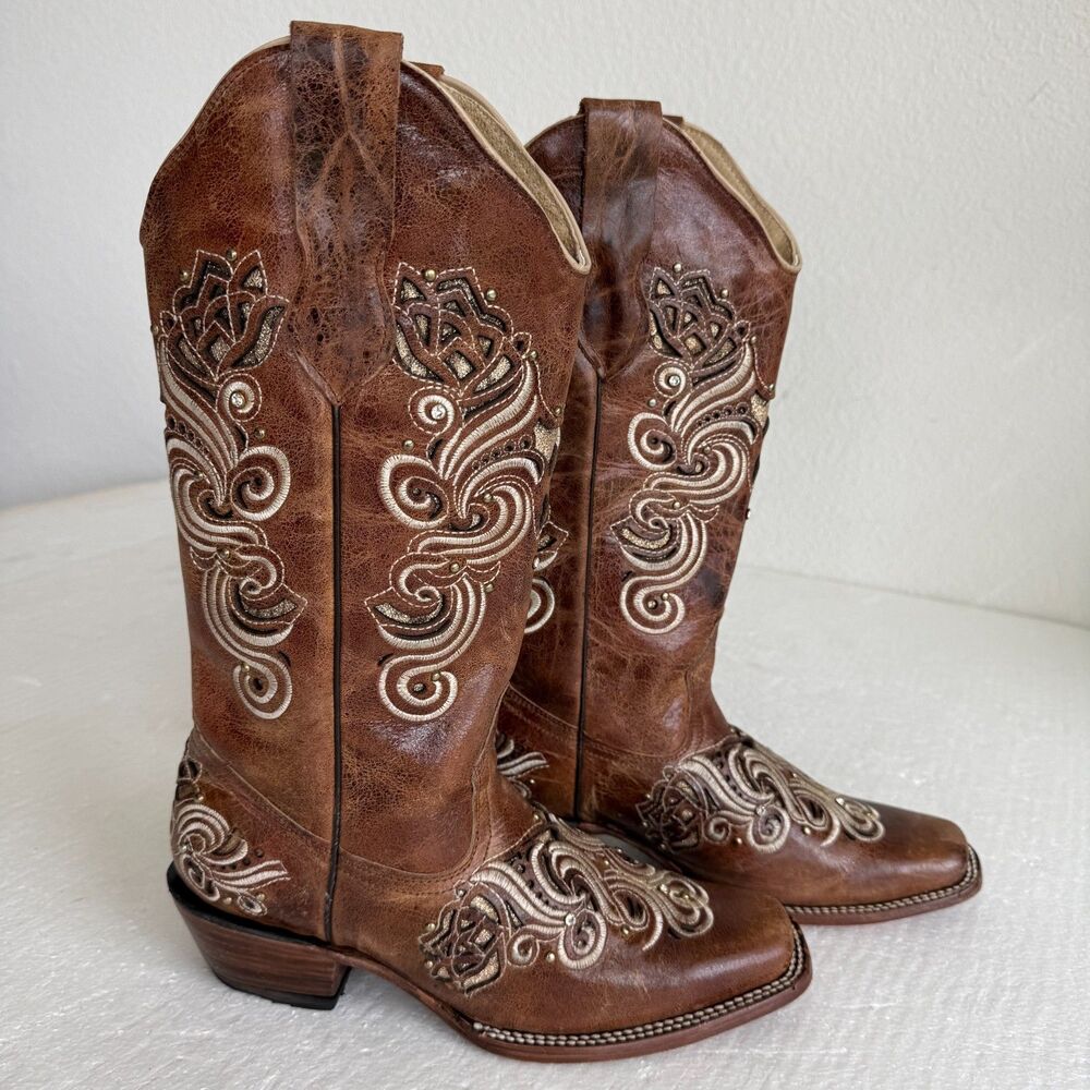 Stiefeld Handcrafted Leather Western Boots Women 8.5 Floral Embroidered Crystal